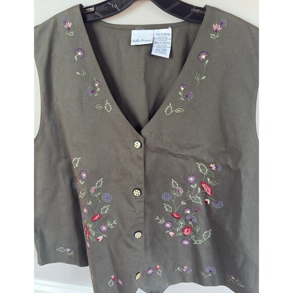 Bobbie Brooks Vintage Vest XL Olive Green Floral Embroidered Cottagecore Cotton - Picture 10 of 12